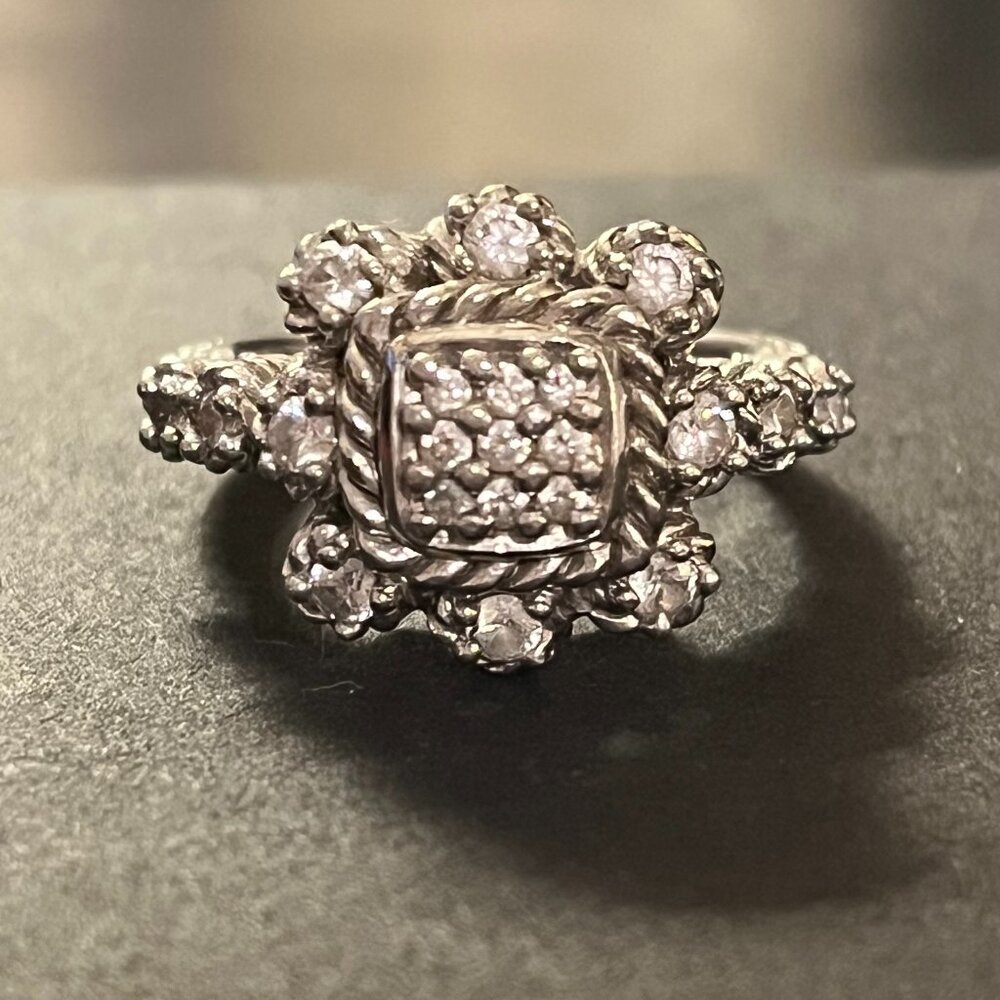 Judith Ripka Sterling Large Square Pave CZ Cluster Flower Ring - Mint Condition